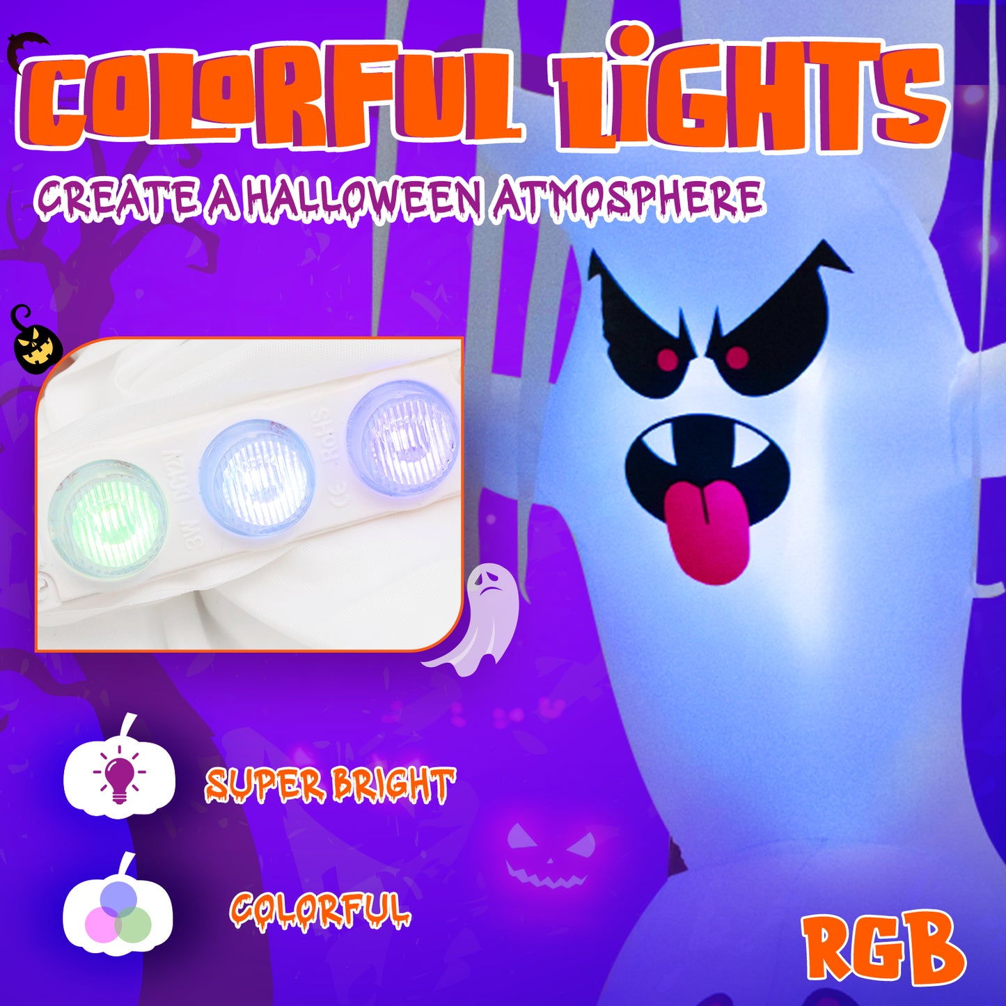 Topbuy 10FT Tall Halloween Inflatable Stacked Ghosts w/ Built-in RGB Lights Inflatable Overlap Ghosts Halloween Decor w/ Ropes & Stakes
