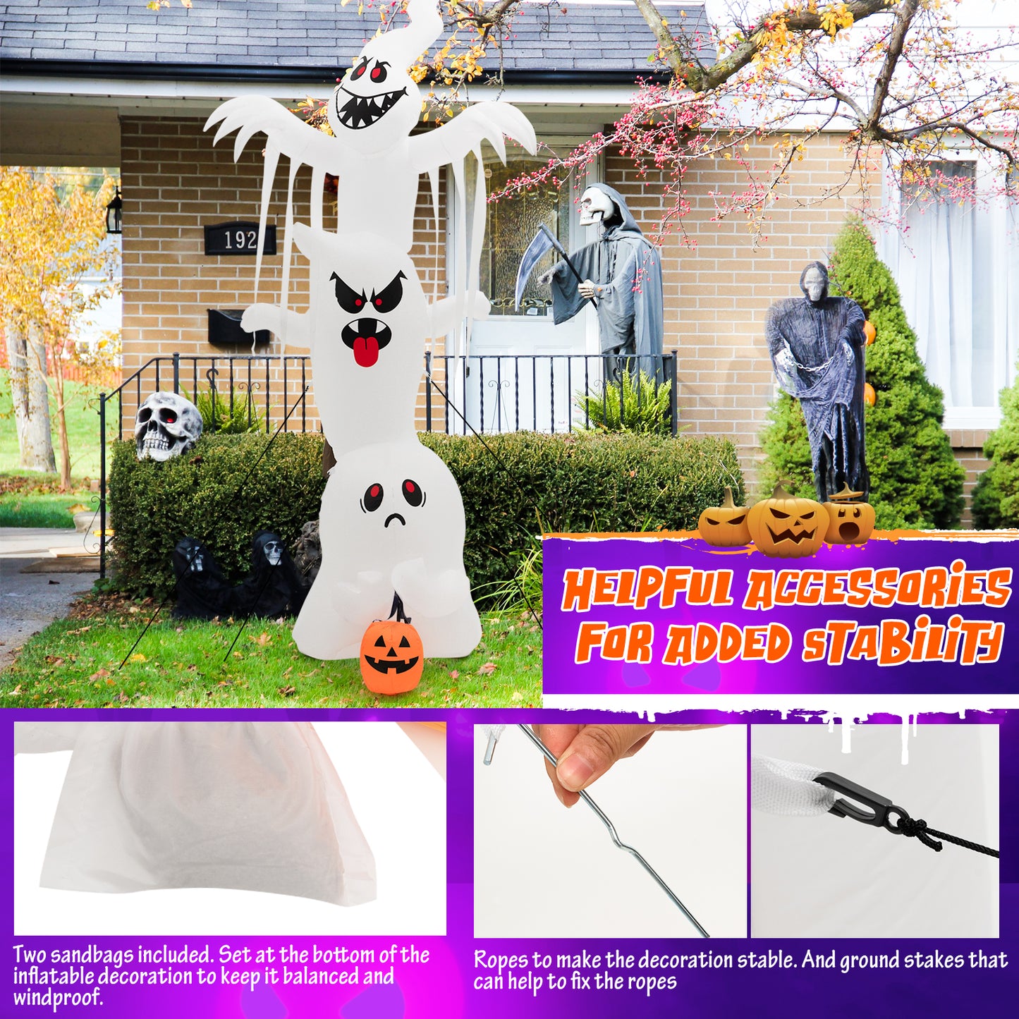 Topbuy 10FT Tall Halloween Inflatable Stacked Ghosts w/ Built-in RGB Lights Inflatable Overlap Ghosts Halloween Decor w/ Ropes & Stakes