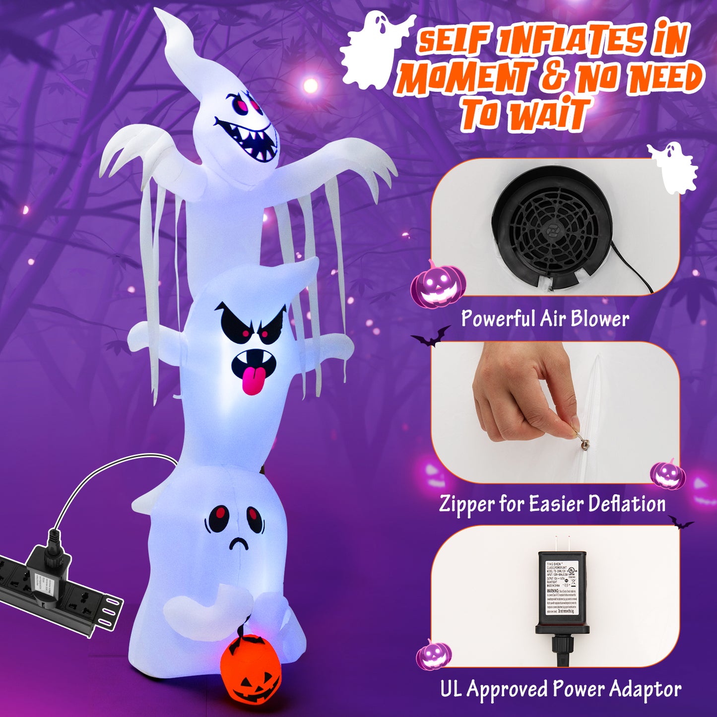 Topbuy 10FT Tall Halloween Inflatable Stacked Ghosts w/ Built-in RGB Lights Inflatable Overlap Ghosts Halloween Decor w/ Ropes & Stakes