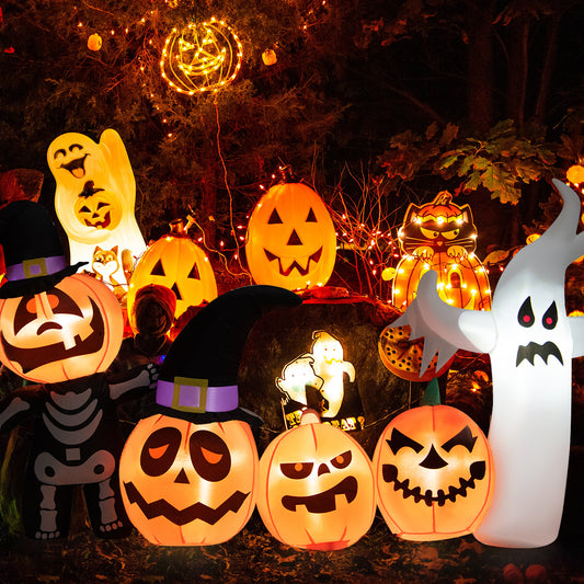 Topbuy 8FT Length Halloween Inflatable Decoration w/Built-in LED & Blower Pumpkin Combo w/ a Ghost Blow Up Yard Decoration Inflates Decor W/ Tethers