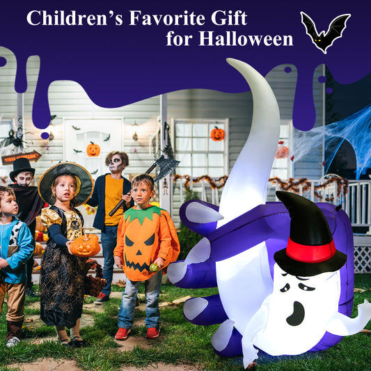 Topbuy 6FT Tall Halloween Inflatable Decoration, White Wizard Hat Ghost Grabbed in Hand Outdoor Decoration with Bright LED Lights