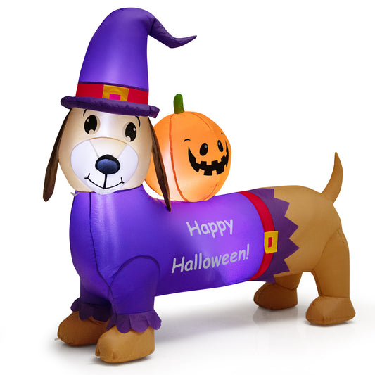 Topbuy 5FT Long Halloween Inflatable Dachshund Dog Blow Up Outdoor Wiener Dog w/Pumpkin & Witch Hat Cute Inflatable Dog Decoration Prop w/LED Lights