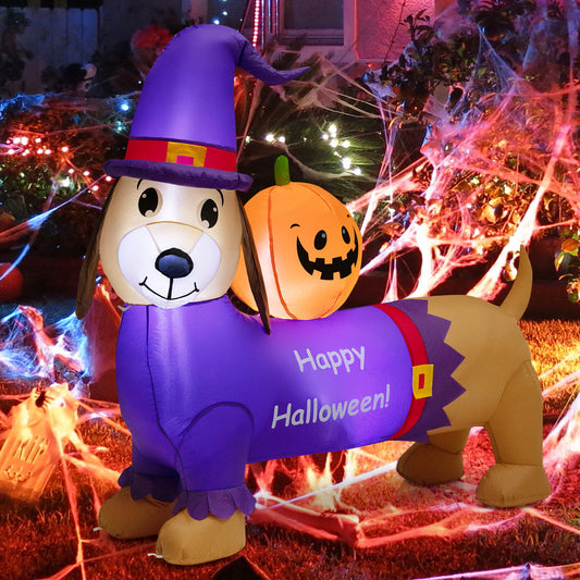 Topbuy 5FT Long Halloween Inflatable Dachshund Dog Blow Up Outdoor Wiener Dog w/Pumpkin & Witch Hat Cute Inflatable Dog Decoration Prop w/LED Lights