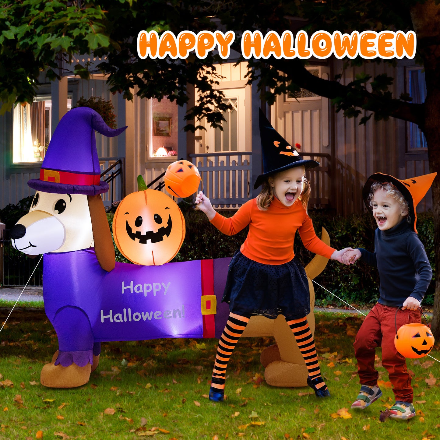 Topbuy 5FT Long Halloween Inflatable Dachshund Dog Blow Up Outdoor Wiener Dog w/Pumpkin & Witch Hat Cute Inflatable Dog Decoration Prop w/LED Lights