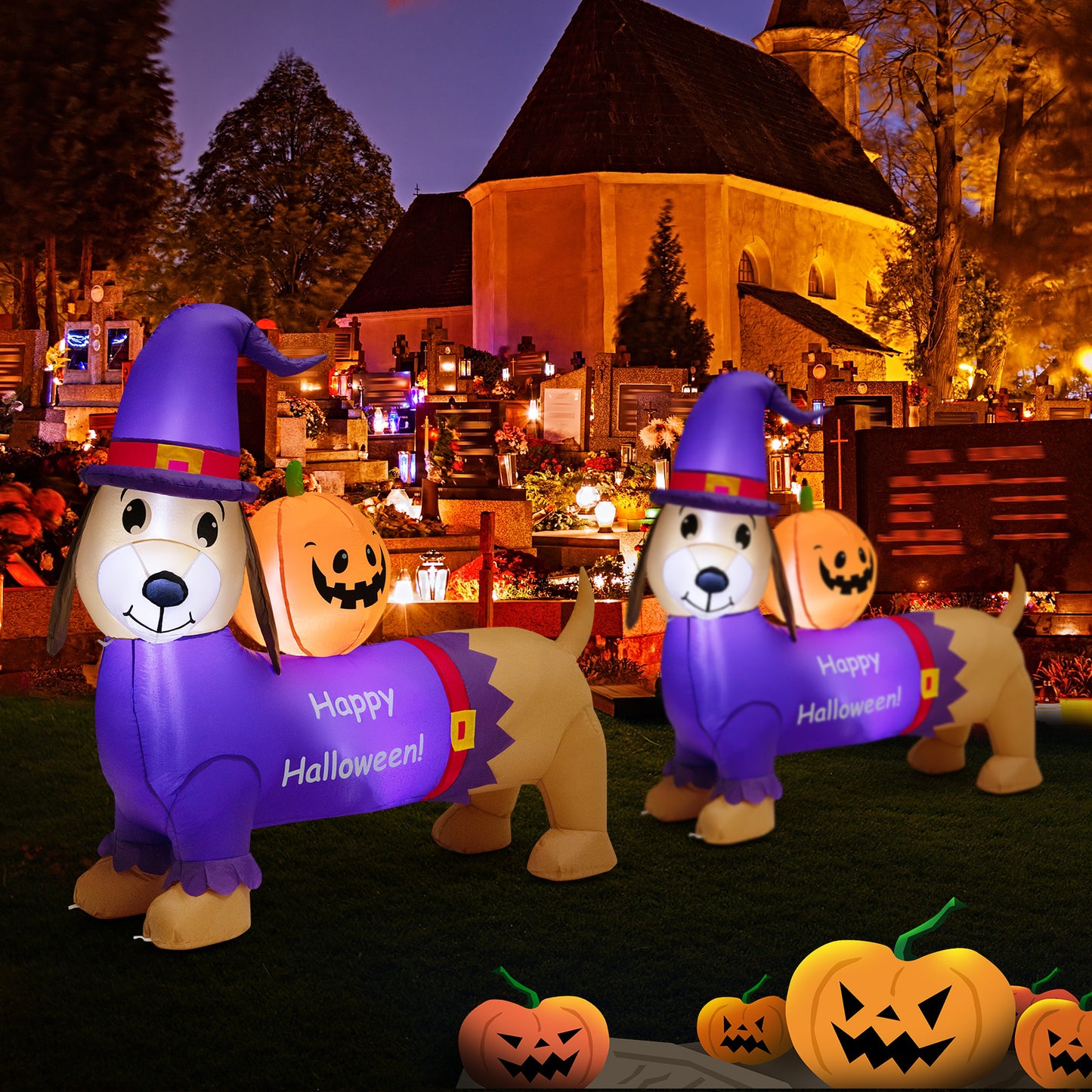 Topbuy 5FT Long Halloween Inflatable Dachshund Dog Blow Up Outdoor Wiener Dog w/Pumpkin & Witch Hat Cute Inflatable Dog Decoration Prop w/LED Lights