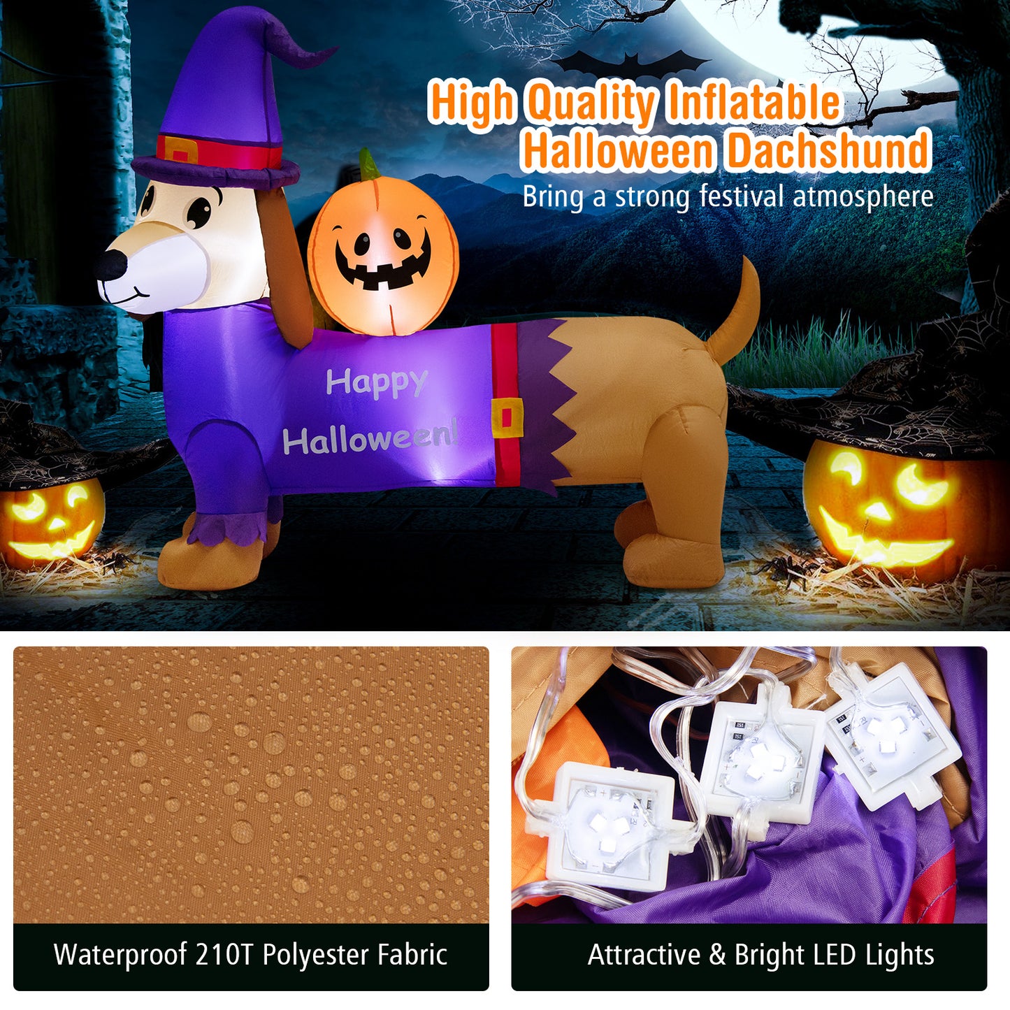 Topbuy 5FT Long Halloween Inflatable Dachshund Dog Blow Up Outdoor Wiener Dog w/Pumpkin & Witch Hat Cute Inflatable Dog Decoration Prop w/LED Lights