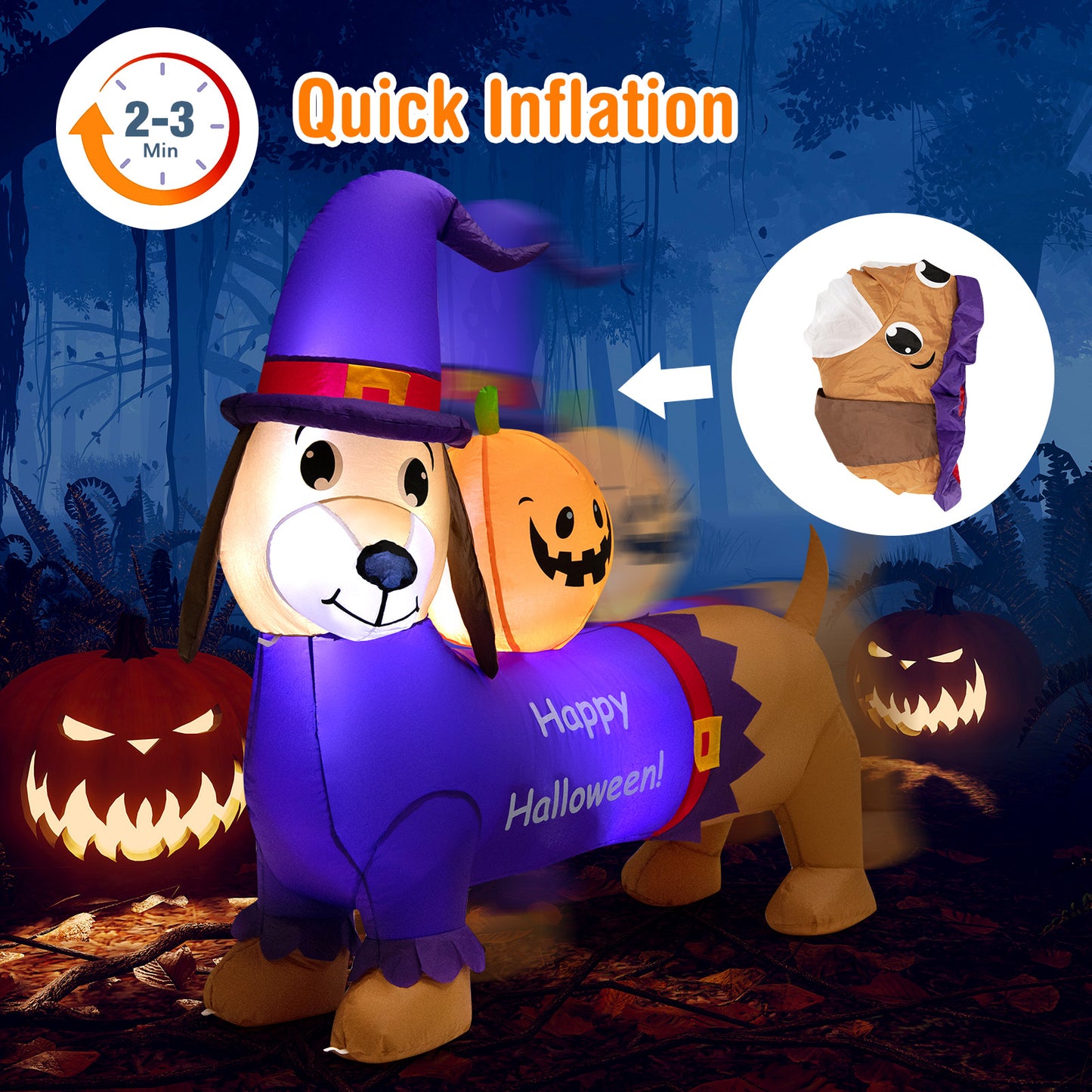 Topbuy 5FT Long Halloween Inflatable Dachshund Dog Blow Up Outdoor Wiener Dog w/Pumpkin & Witch Hat Cute Inflatable Dog Decoration Prop w/LED Lights