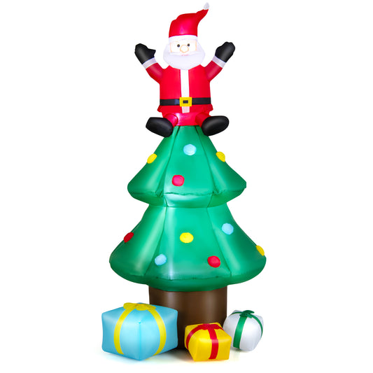 Topbuy 7FT Christmas Inflatable Christmas Tree & Santa Claus w/ LEDs & Air Blower Blow Up Yard Decoration Inflates Christmas Tree w/ Gift Boxes and Star