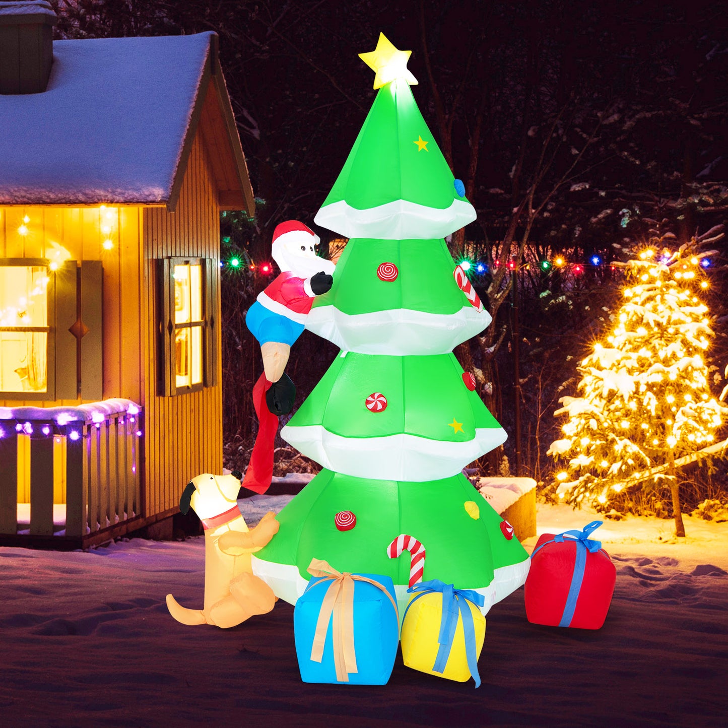 Topbuy 7FT Inflatable Santa Claus Climbing Christmas Tree Chased by Dogs Lighted Blowup Decoration Tree with Ground Stakes & Sandbags