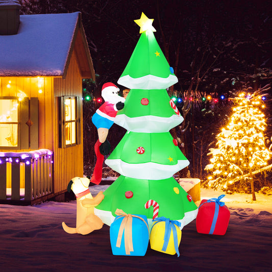 Topbuy 7FT Inflatable Santa Claus Climbing Christmas Tree Chased by Dogs Lighted Blowup Decoration Tree with Ground Stakes & Sandbags