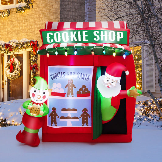 Topbuy 6.5 FT Height Christmas Inflatable Santa Claus, Outdoor Self-inflatable Decoration w/ Cookie Shop Gingerbread Man, Colorful Lights Lighted Blow up Wave Santa Claus