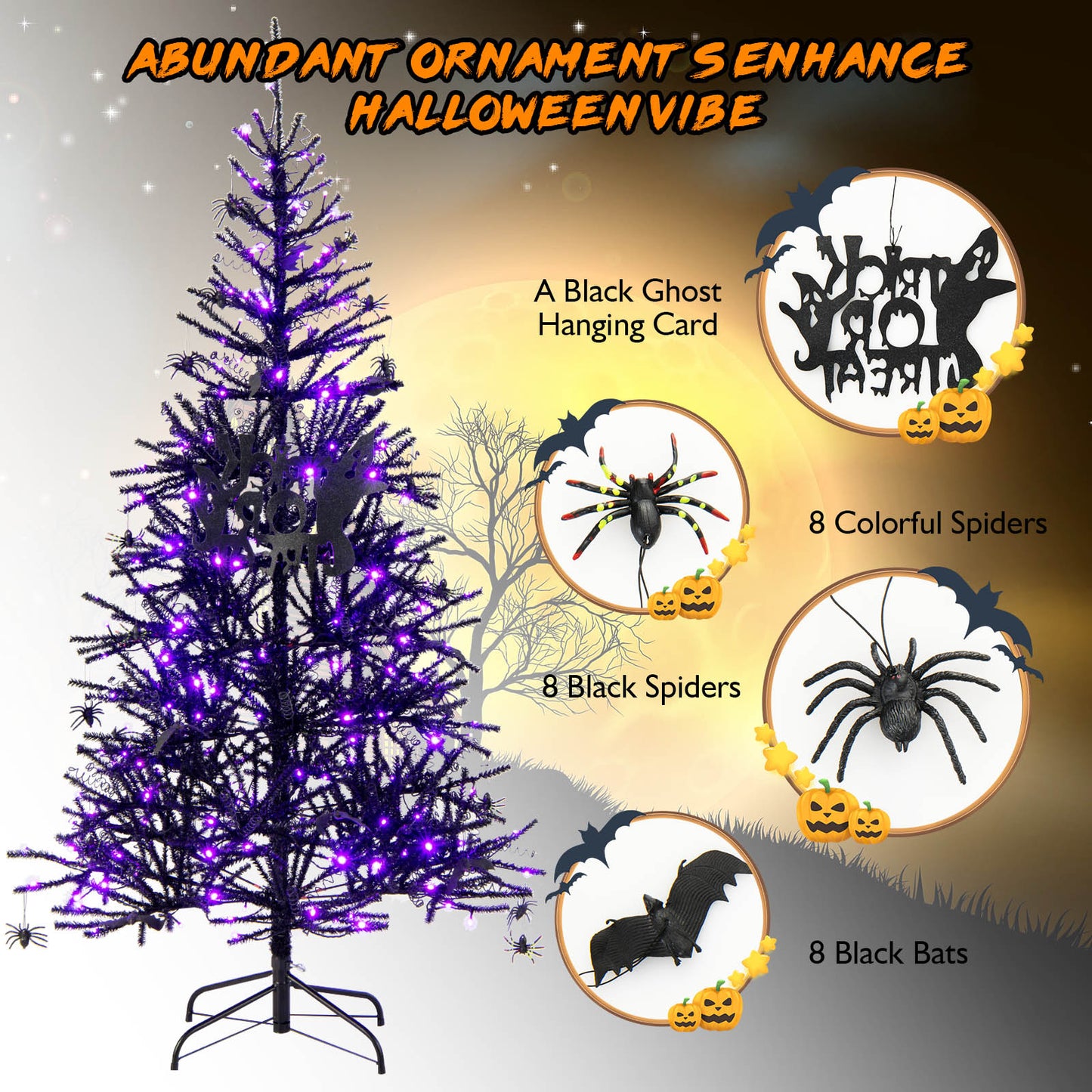 Topbuy 6FT Black Halloween Tree Artificial Hinged PVC Christmas Tree w/250 LED lights