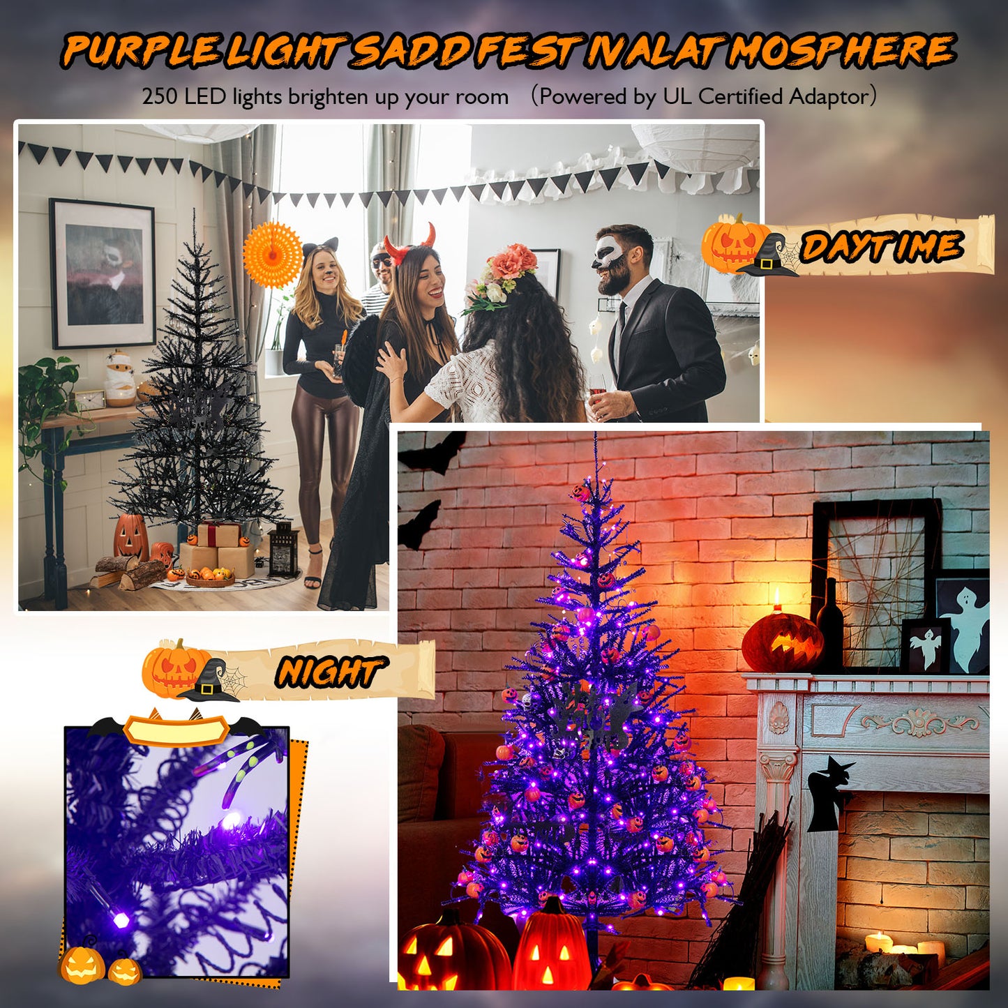 Topbuy 6FT Black Halloween Tree Artificial Hinged PVC Christmas Tree w/250 LED lights