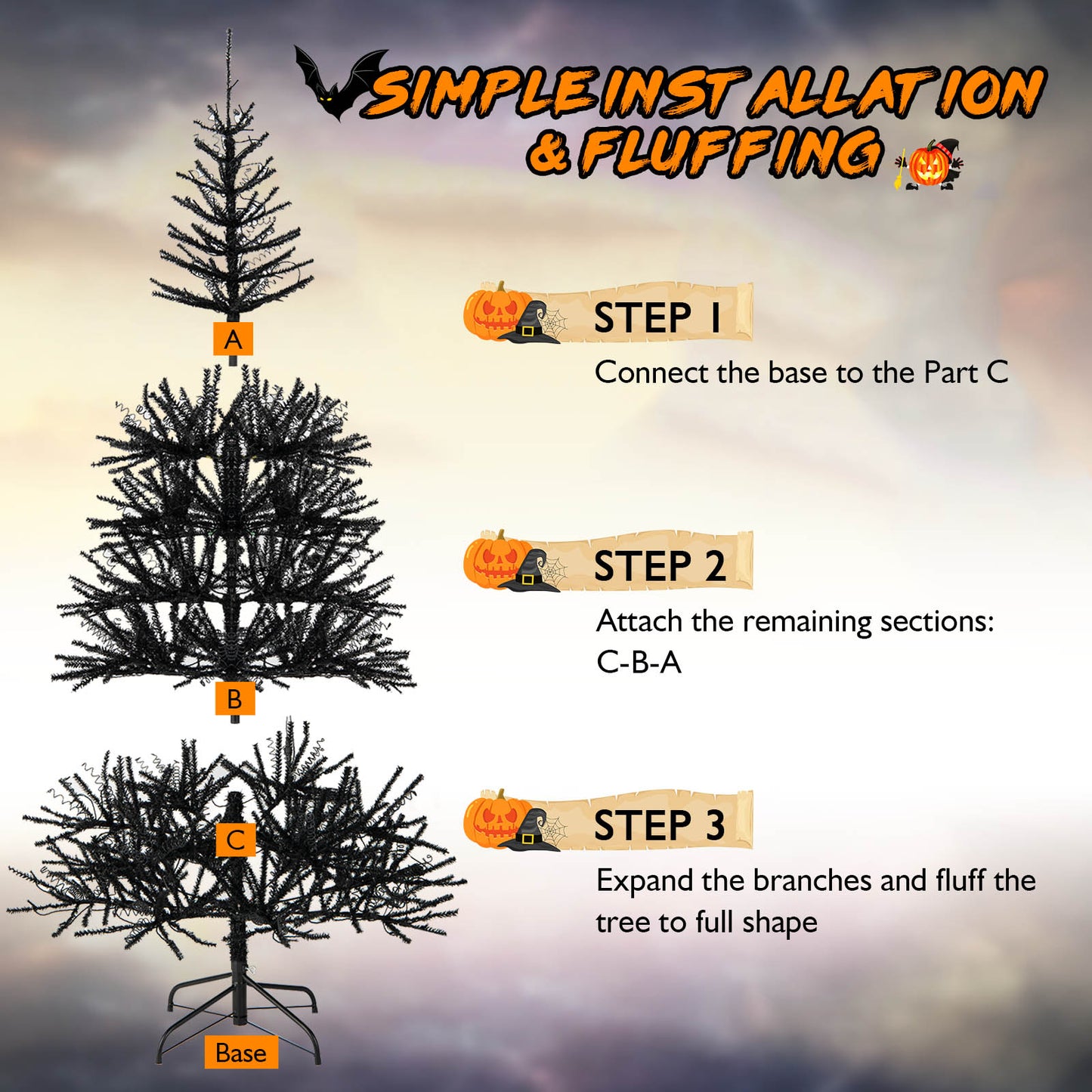 Topbuy 6FT Black Halloween Tree Artificial Hinged PVC Christmas Tree w/250 LED lights