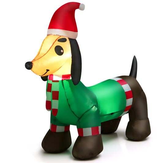 Topbuy 4FT Long Christmas Inflatable Dachshund Dog Blow Up Wiener Dog Decoration w/ Bright LED Lights Stakes & Ropes Lighted Xmas Holiday Decor
