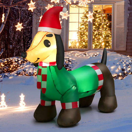 Topbuy 4FT Long Christmas Inflatable Dachshund Dog Blow Up Wiener Dog Decoration w/ Bright LED Lights Stakes & Ropes Lighted Xmas Holiday Decor