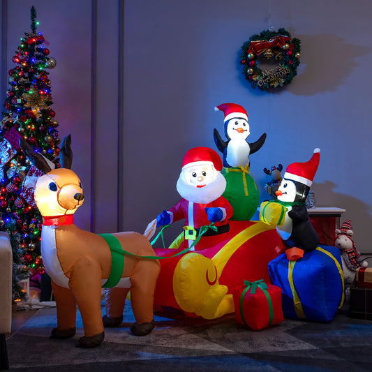 Topbuy 6FT Long Christmas Inflatable Santa Claus & Penguin on Sleigh Blow Up Reindeer Pulling Sleigh Lighted Inflatable Santa Claus Carrying Gifts