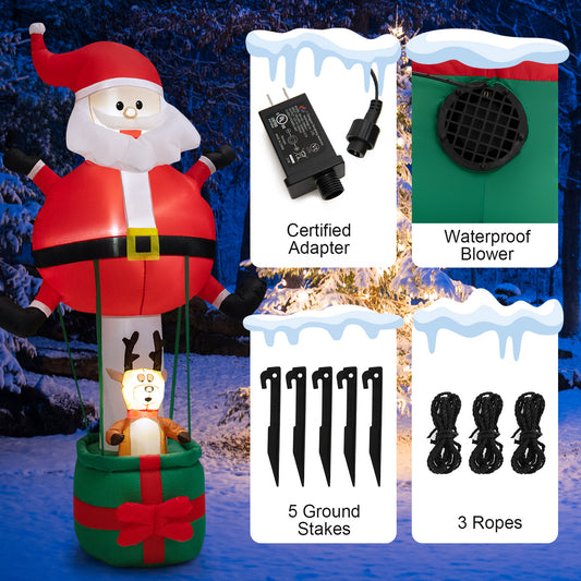 Topbuy 8FT Tall Christmas Inflatable Hot Air Balloon Blow Up Santa Claus On Balloon with Reindeer Xmas Inflatable Decoration with Bright LED Lights
