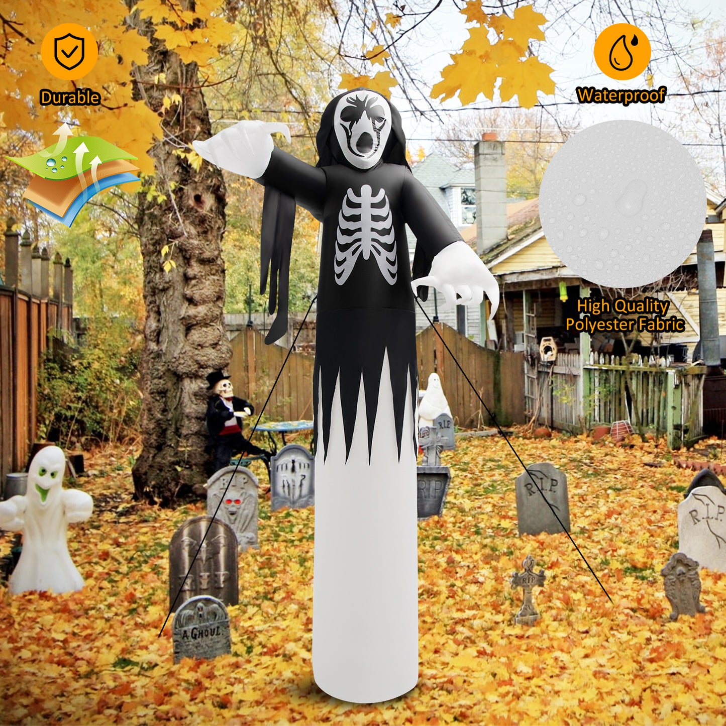 Topbuy 12 FT Halloween Inflatable Skeleton Decoration w/ Built-in LEDs Inflatable Scull Face Ghost