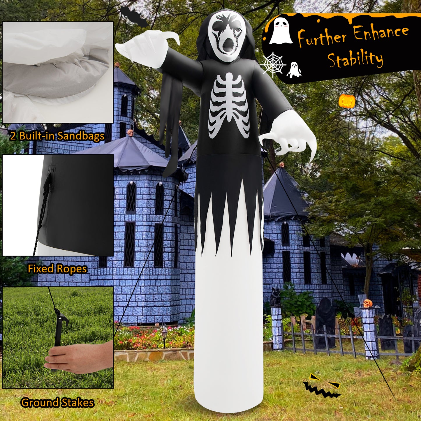 Topbuy 12 FT Halloween Inflatable Skeleton Decoration w/ Built-in LEDs Inflatable Scull Face Ghost