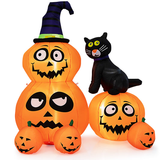 Topbuy 6 FT Inflatable Pumpkin Combo with Wizard's Hat & Cat Blow-up Yard Decoration with Built-in LED Light Powerful Air Blower