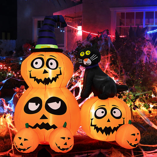 Topbuy 6 FT Inflatable Pumpkin Combo with Wizard's Hat & Cat Blow-up Yard Decoration with Built-in LED Light Powerful Air Blower