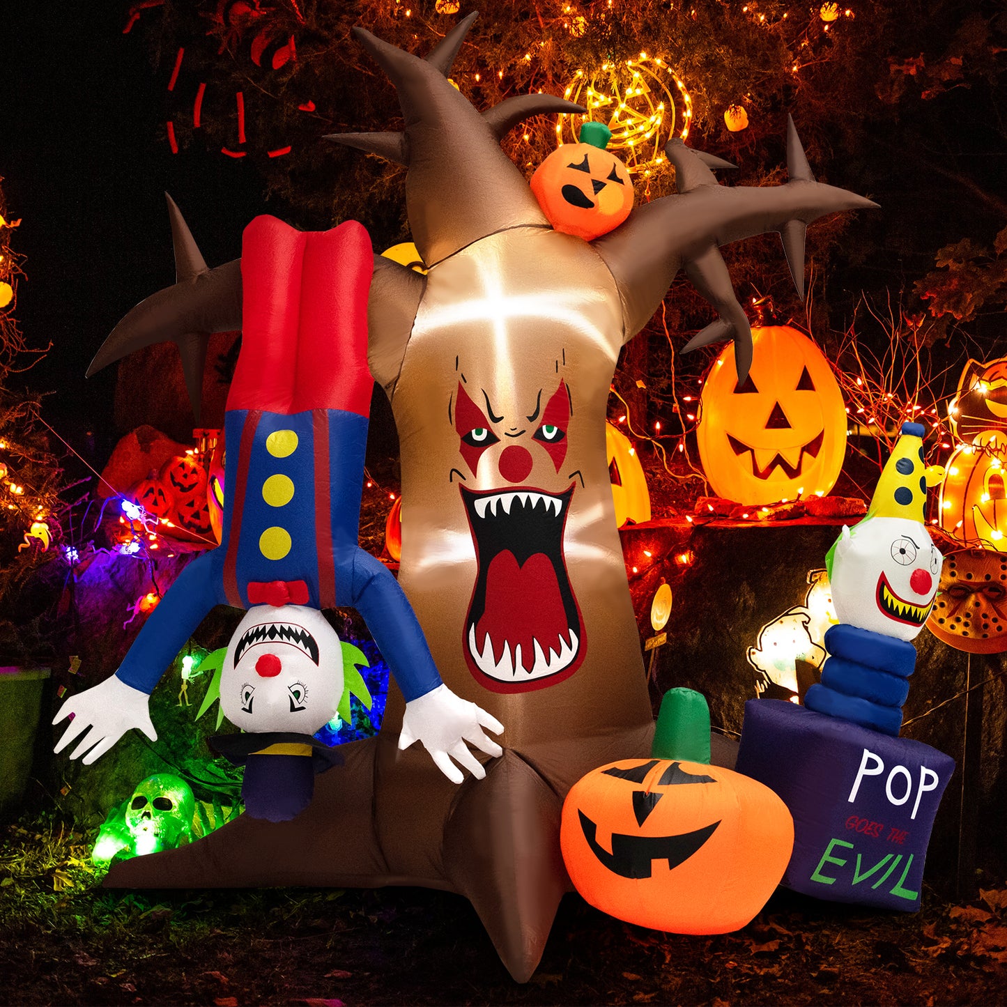 Topbuy 8FT Tall Halloween Inflatable Decoration Blow Up Dead Tree & Pumpkins & Scary Clowns, Bright LED Lights, Air Blower Self-inflate Decoration