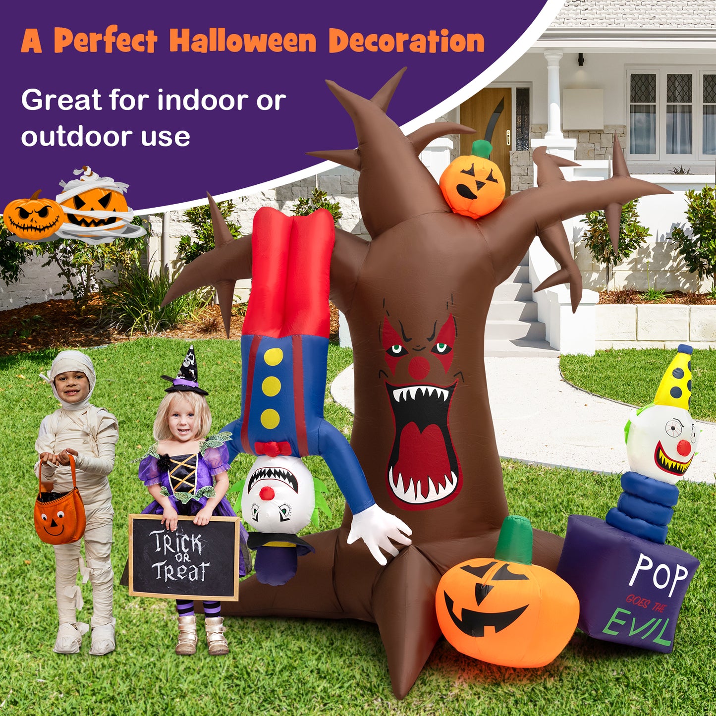 Topbuy 8FT Tall Halloween Inflatable Decoration Blow Up Dead Tree & Pumpkins & Scary Clowns, Bright LED Lights, Air Blower Self-inflate Decoration