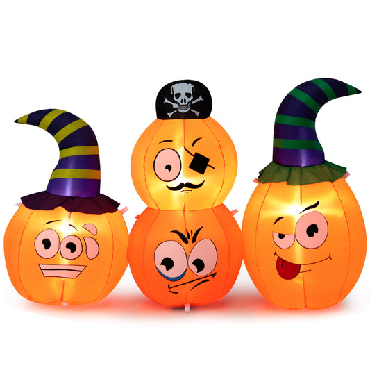 Topbuy 5 FT Long Halloween Inflatable Decoration Blow Up Pumpkin Combo w/ Pirate & Witch Hats, Built-in Bright LED Lights Additional Sandbag