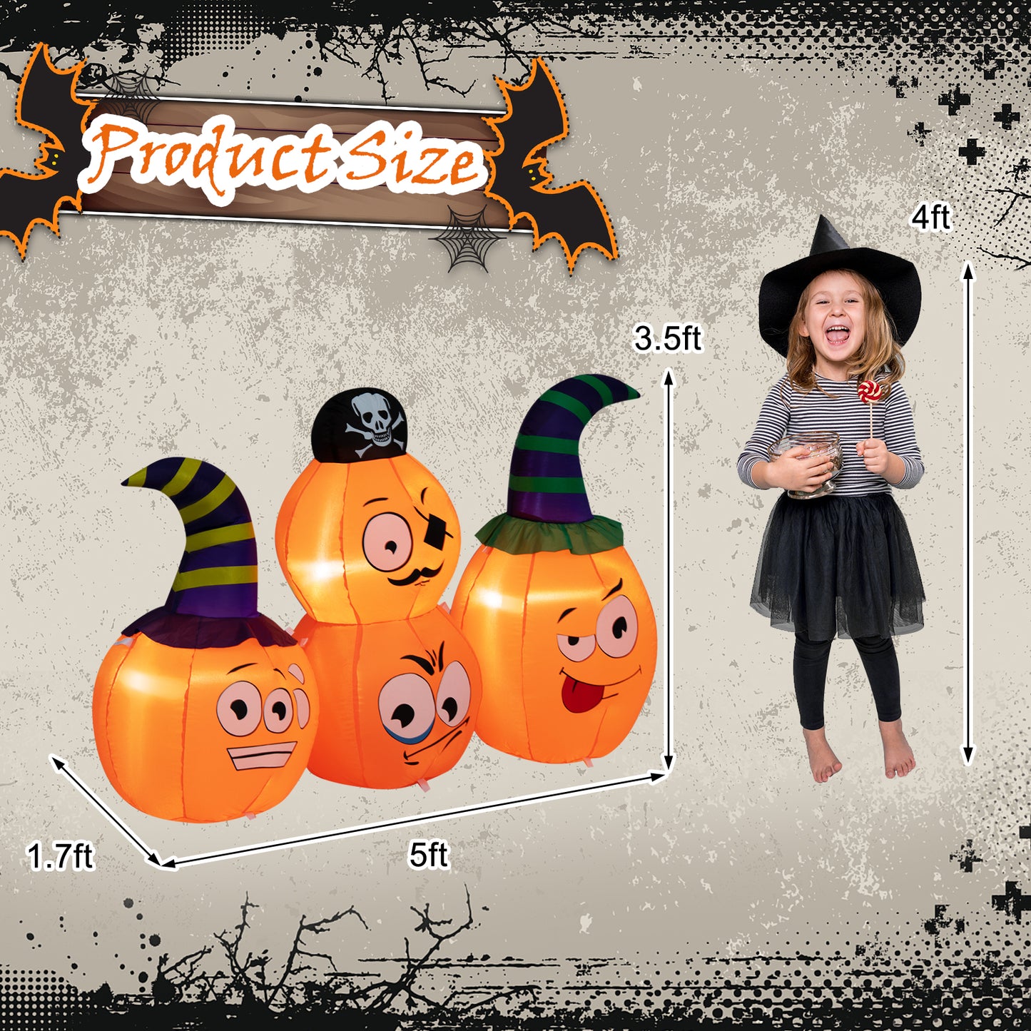 Topbuy 5 FT Long Halloween Inflatable Decoration Blow Up Pumpkin Combo w/ Pirate & Witch Hats, Built-in Bright LED Lights Additional Sandbag