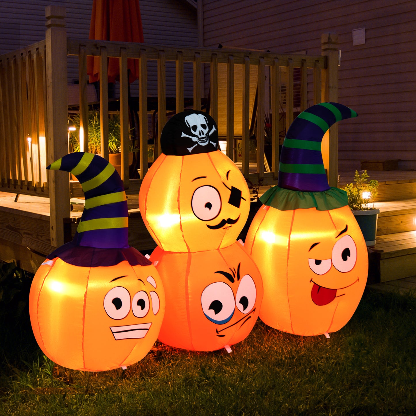 Topbuy 5 FT Long Halloween Inflatable Decoration Blow Up Pumpkin Combo w/ Pirate & Witch Hats, Built-in Bright LED Lights Additional Sandbag