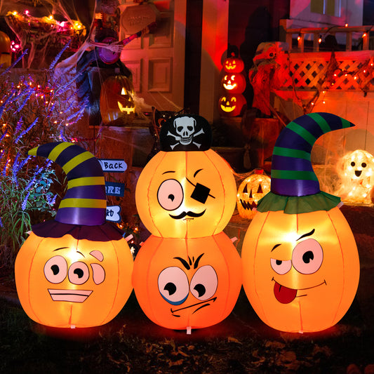 Topbuy 5 FT Long Halloween Inflatable Decoration Blow Up Pumpkin Combo w/ Pirate & Witch Hats, Built-in Bright LED Lights Additional Sandbag