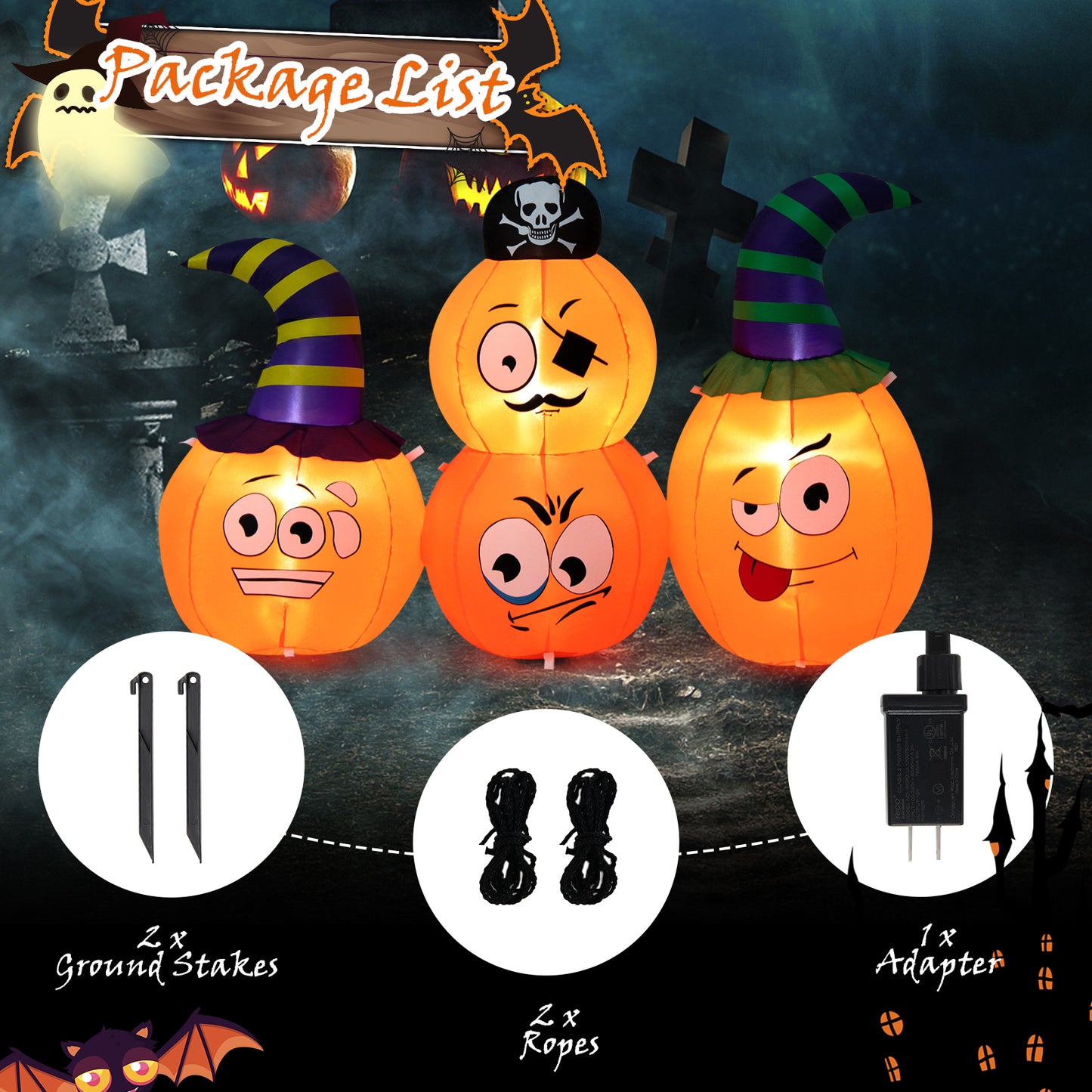 Topbuy 5 FT Long Halloween Inflatable Decoration Blow Up Pumpkin Combo w/ Pirate & Witch Hats, Built-in Bright LED Lights Additional Sandbag