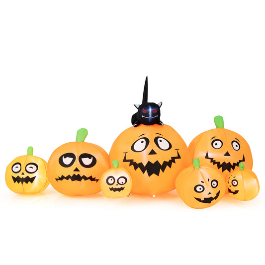 Topbuy 8Ft Long Halloween Inflatable Pumpkin Outdoor Blow Up Deco w/ 7 Pumpkins & 1 Black Cat Built-in Blower 4 Stakes LED Lighted Inflatable Prop