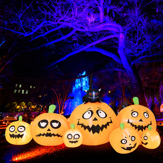 Topbuy 8Ft Long Halloween Inflatable Pumpkin Outdoor Blow Up Deco w/ 7 Pumpkins & 1 Black Cat Built-in Blower 4 Stakes LED Lighted Inflatable Prop