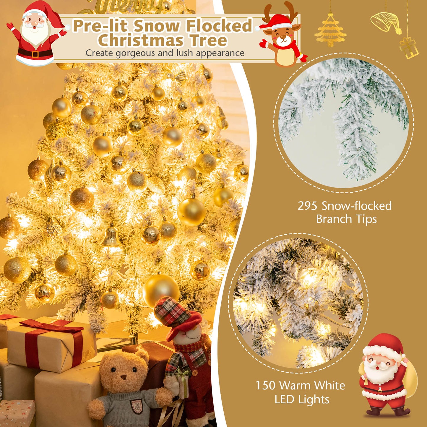 Topbuy 4.5 FT Snow Flocked Christmas Tree Pre-lit Christmas Tree w/295 Branch Tips & 150 Warm White LED Lights