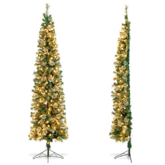 Topbuy 7 FT Pre-lit Half-Shape Christmas Tree Artificial Xmas Tree w/Premium PVC & Pine Needles Seasonal Holiday Decoration tree w/403 Branch Tips & 150 Warm White Lights