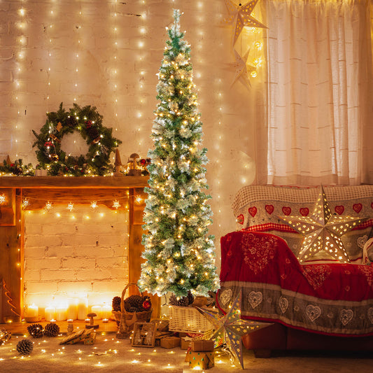Topbuy 7 FT Pre-lit Half-Shape Christmas Tree Artificial Xmas Tree w/Premium PVC & Pine Needles Seasonal Holiday Decoration tree w/403 Branch Tips & 150 Warm White Lights