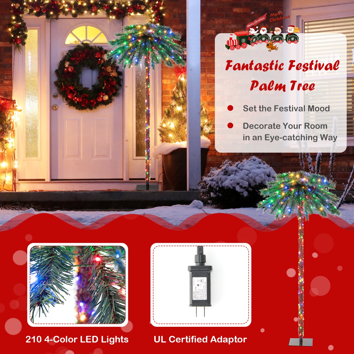 Topbuy 6FT Christmas Palm Tree Pre-lit Tropical Style Palm Tree w/210 4-Color LED Lights 64 Branch Tips & Metal Base