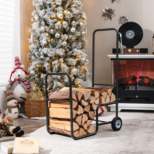 Topbuy Firewood Log Cart Carrier, Wood Hauler with 2 Rubber Wheels & Ergonomic Handle Heavy-Duty Steel Frame Indoor Outdoor Fireplace Tools