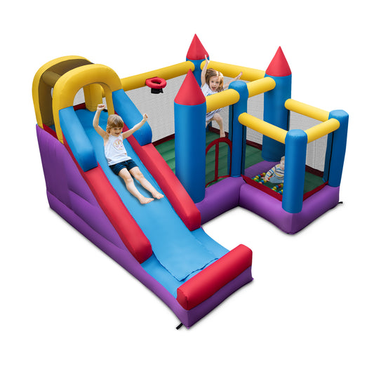 Topbuy Inflatable Bounce House with Slide Large Blow Up Bouncy Castle w/ 2 Jump Area 8ft Long Slide Ball Hoop 50 Ocean Balls Ground Stakes Repair Kit Storage Bag Blower Not Included