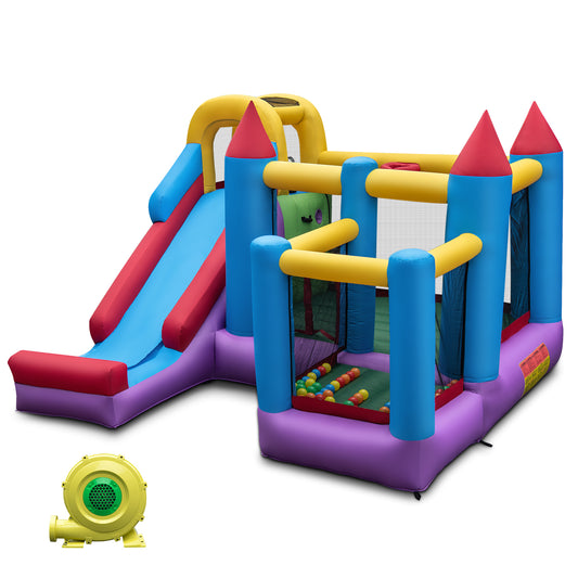 Topbuy Inflatable Bounce House with Slide Large Blow Up Bouncy Castle w/ 2 Jump Area 8ft Long Slide Ball Hoop 50 Ocean Balls Ground Stakes Repair Kit Storage Bag 735W Blower Included
