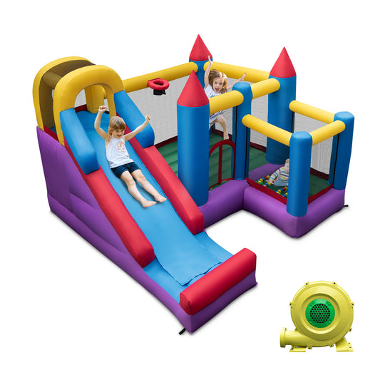 Topbuy Inflatable Bounce House with Slide Large Blow Up Bouncy Castle w/ 2 Jump Area 8ft Long Slide Ball Hoop 50 Ocean Balls Ground Stakes Repair Kit Storage Bag 735W Blower Included