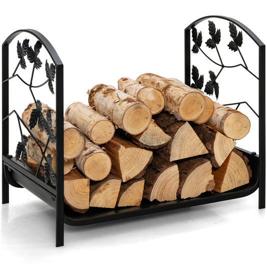 Topbuy Firewood Log Rack, for Indoor Outdoor Steel Log Holder with 110 lbs Load Capacity Decorative Log Rack with Exquisite Leaf Patterns