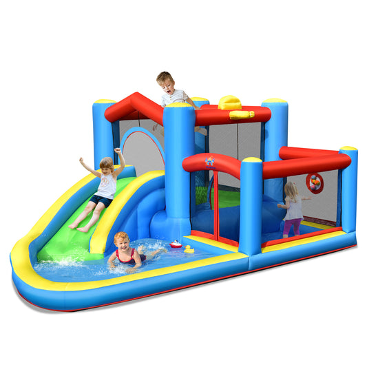 Topbuy Inflatable Bounce House 5-in-1 Kids Inflatable Bouncer w/ Slide Jumping Area Ball Pit Area Dart Game Basketball Rim (without Blower)