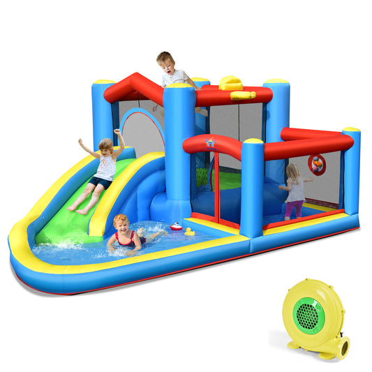 Topbuy Inflatable Bounce House 5-in-1 Kids Inflatable Bouncer w/ Slide Jumping Area Ball Pit Area Dart Game Basketball Rim (with 480W Blower)