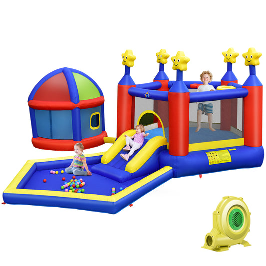 Topbuy Inflatable Bounce House, Twinkle Star 5-in-1 Kids Inflatable Castle w/ Slide Jumping Area Ball Pit with 735W Blower