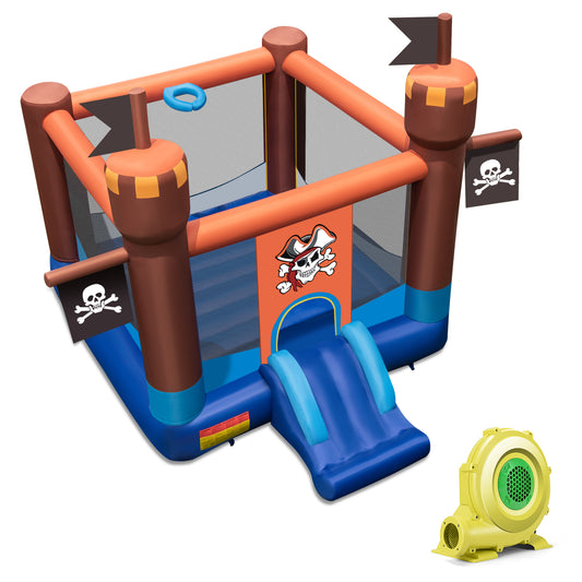 Topbuy Pirate Theme Bounce Castle Inflatable Kids Jumping House w/ Slide & Basketball Rim Portable Indoor Outdoor Bouncy Castle w/ Carry Bag with 680W Blower