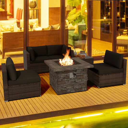 Patiojoy Patio Rattan 6PCS Cushioned Sofa Set Furniture Set Thick Cushion with 34.5'' Fire Pit Table for Garden Black/Blue/Red/Turquoise/Off White