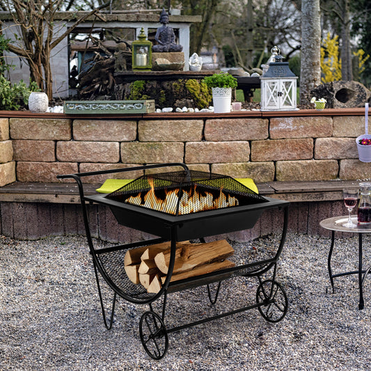 Topbuy 21.5'' Fire Pit & Firewood Log Rack Outdoor Square Firepit & Firewood Holder with Spark Screen Rolling Wheels